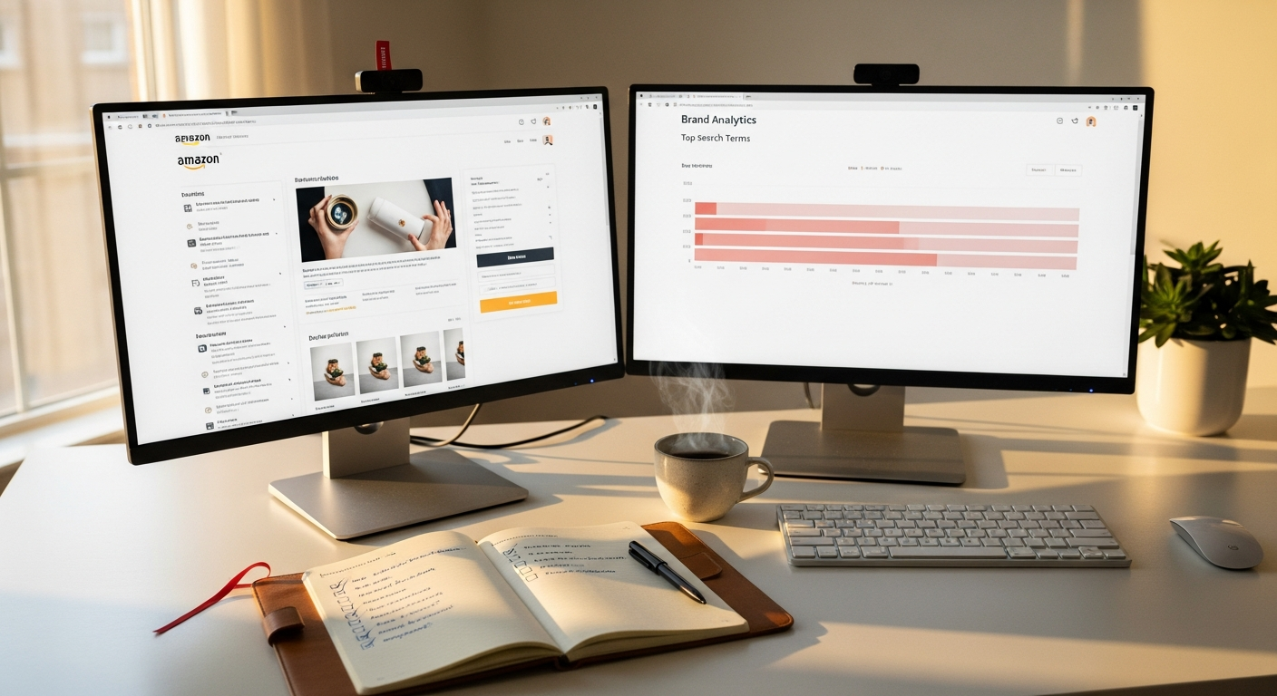 Amazon product listing page displayed on a desktop browser next to the Brand Analytics search query performance dashboard, illustrating the data and report inputs used to optimize a listing.
