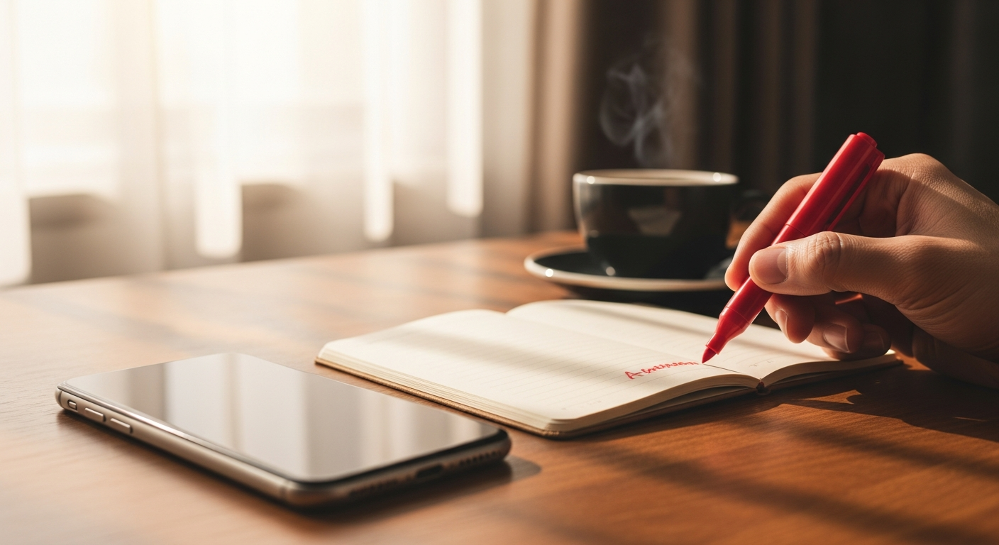 Hand annotating a notebook with a red pen next to a smartphone showing a product page, warm window light
